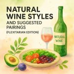 Bottle and glass of natural wine next to plate of vegetables in watercolour style.