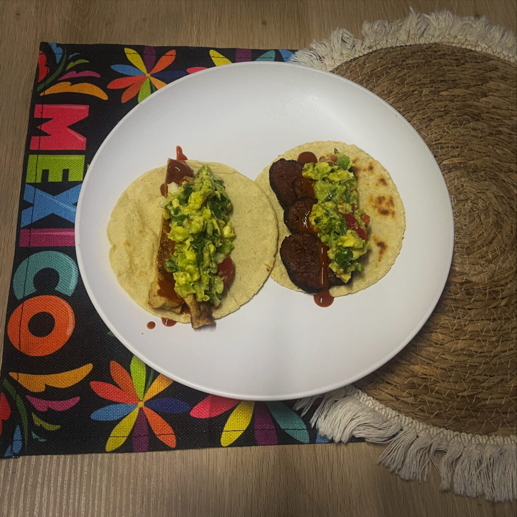 Vegan Tacos made with plant-based meats made by Peaceful Butcher (schnitzel and steak) and freshly made tortillas made with Masienda's white corn masa harina