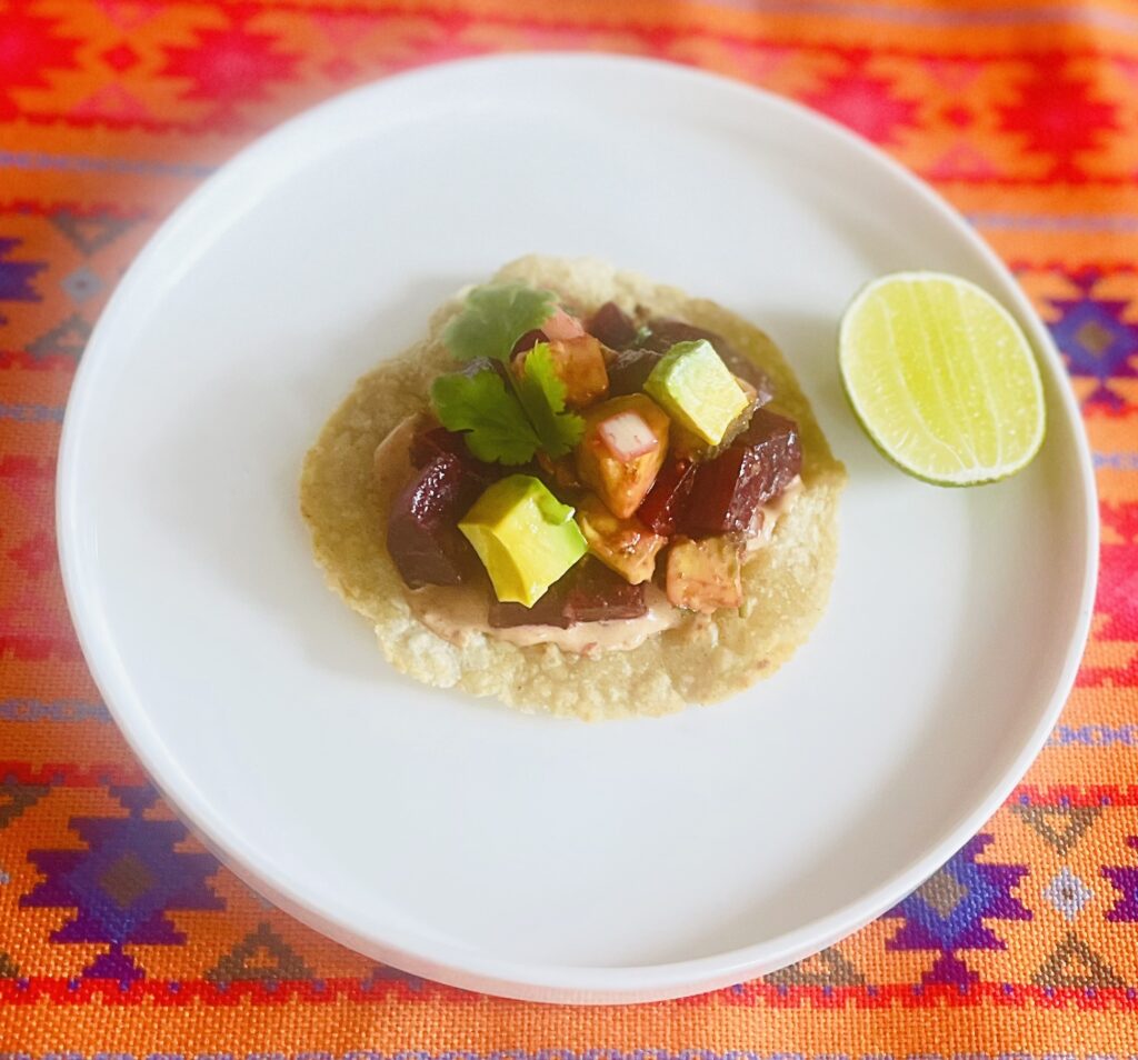 beetroot tostada - Mexican Mediterranean fusion