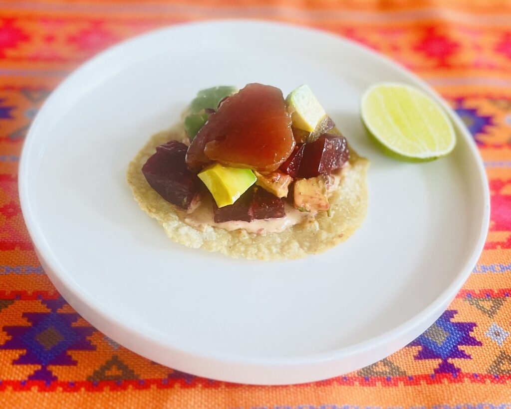 beetroot tostada with tuna