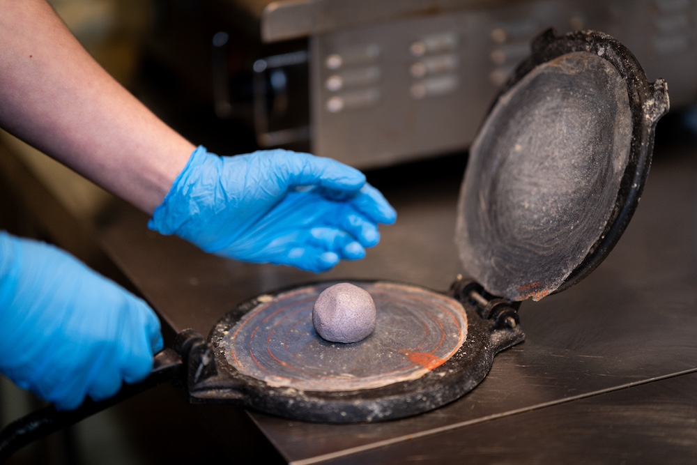 blue corn masa - tortilla press