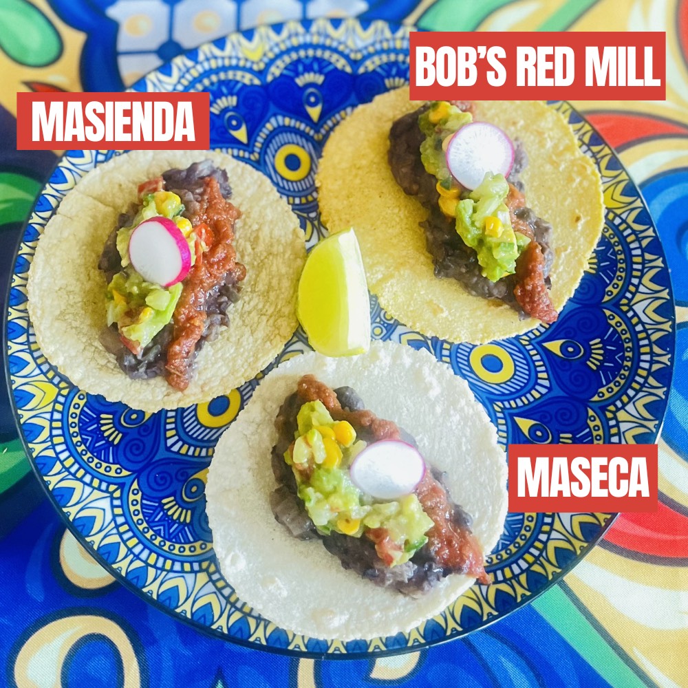 tacos made with three different brands of masa harina