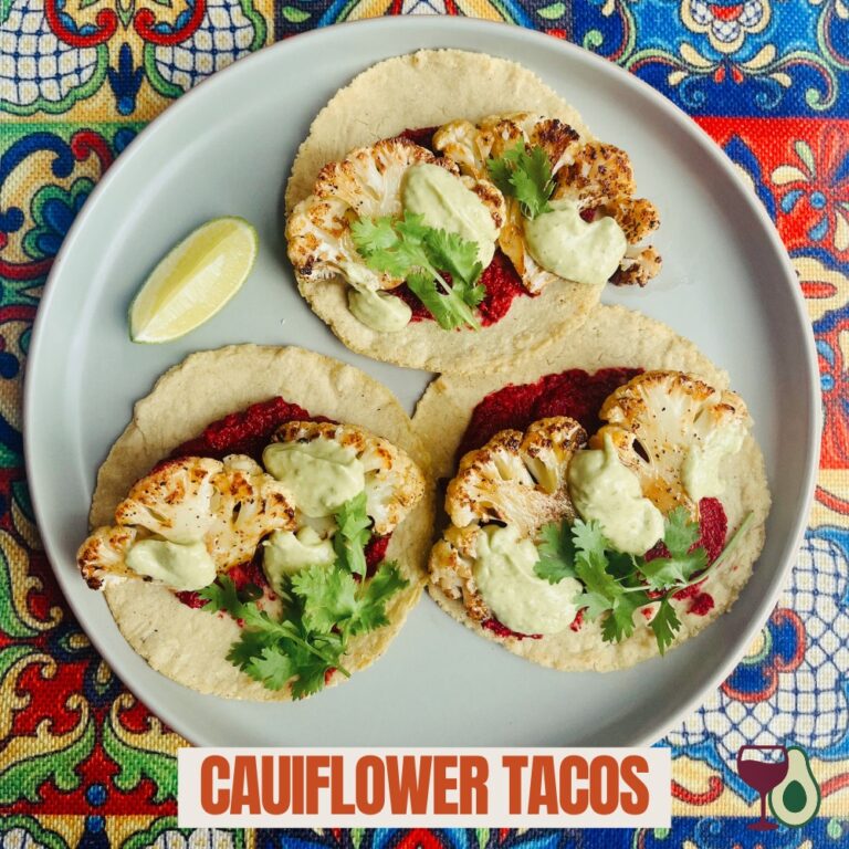 Cauliflower tacos with beetroot-walnut dip and avocado crema