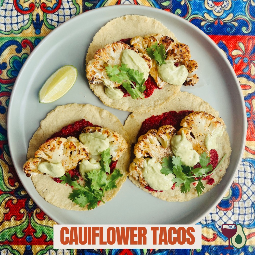 Cauliflower tacos with beetroot-walnut dip and avocado crema