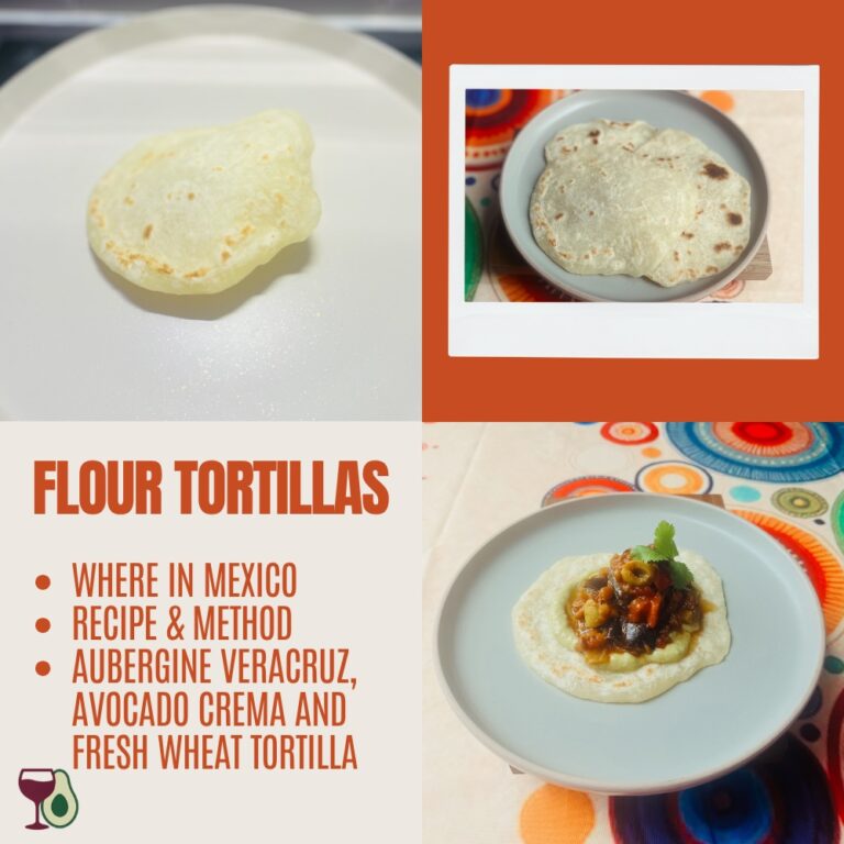 How to make homemade flour tortillas - recipe and method: A properly puffed homemade flour tortilla with avocado crema and lentil-enriched berenjenas a la Veracruz: northern Mexican tortilla craft meeting my Mexi-terranean kitchen.